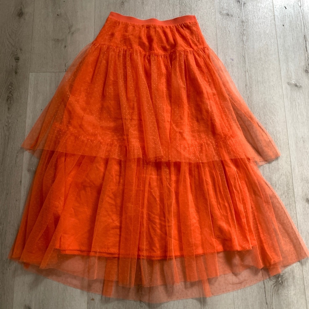 Anthropologie Orange Evelyn Tulle Tiered Maxi Skirt Petite XSP OB1227019